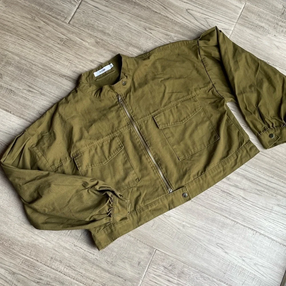 JustFab Canvas Cropped Jacket Balloon Sleeve Olive Green Boxy Cargo Like SZ XXL - Picture 6 of 16
